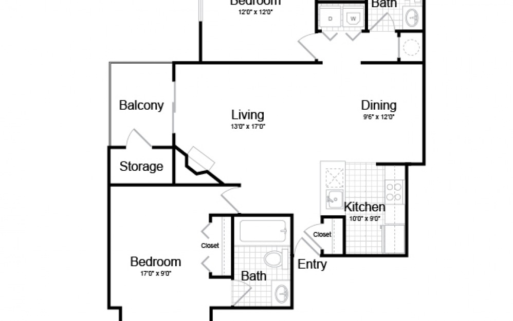 2 bedroom 1000 sqft luna pointe layout