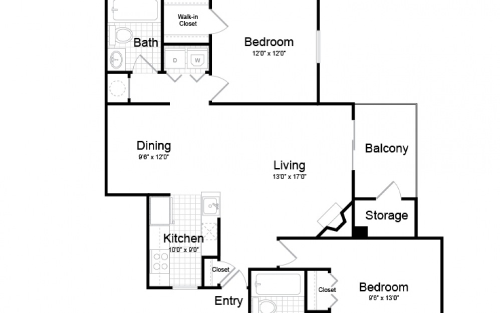 1100 sqft 2 bedroom luna pointe layout